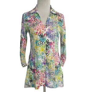 SnoSkins Size XS  Top Blouse Button Down Collared Colorful Long Sleeve